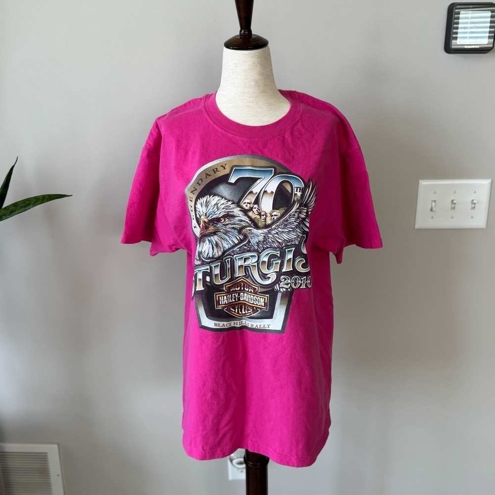 Harley Davidson 70th Anniversary Sturges Pink Graphic T-Shirt with Eagle Design